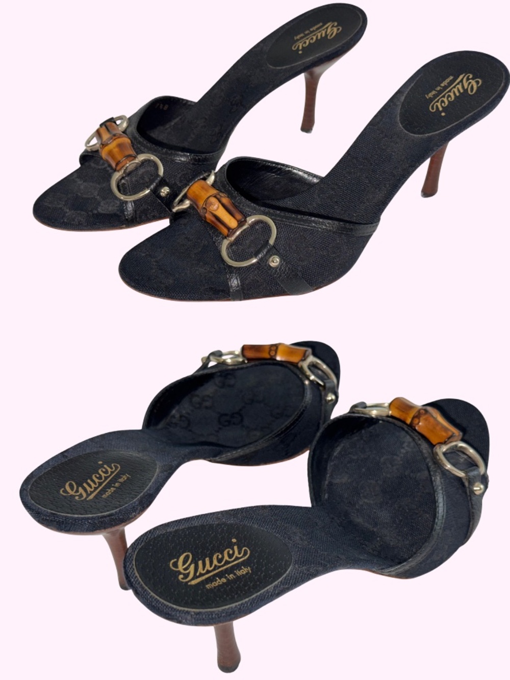 RARE Y2K Vintage Gucci Black Monogram Kitten Heel Bamboo Sz 7.5 MOMS ARCHIVE